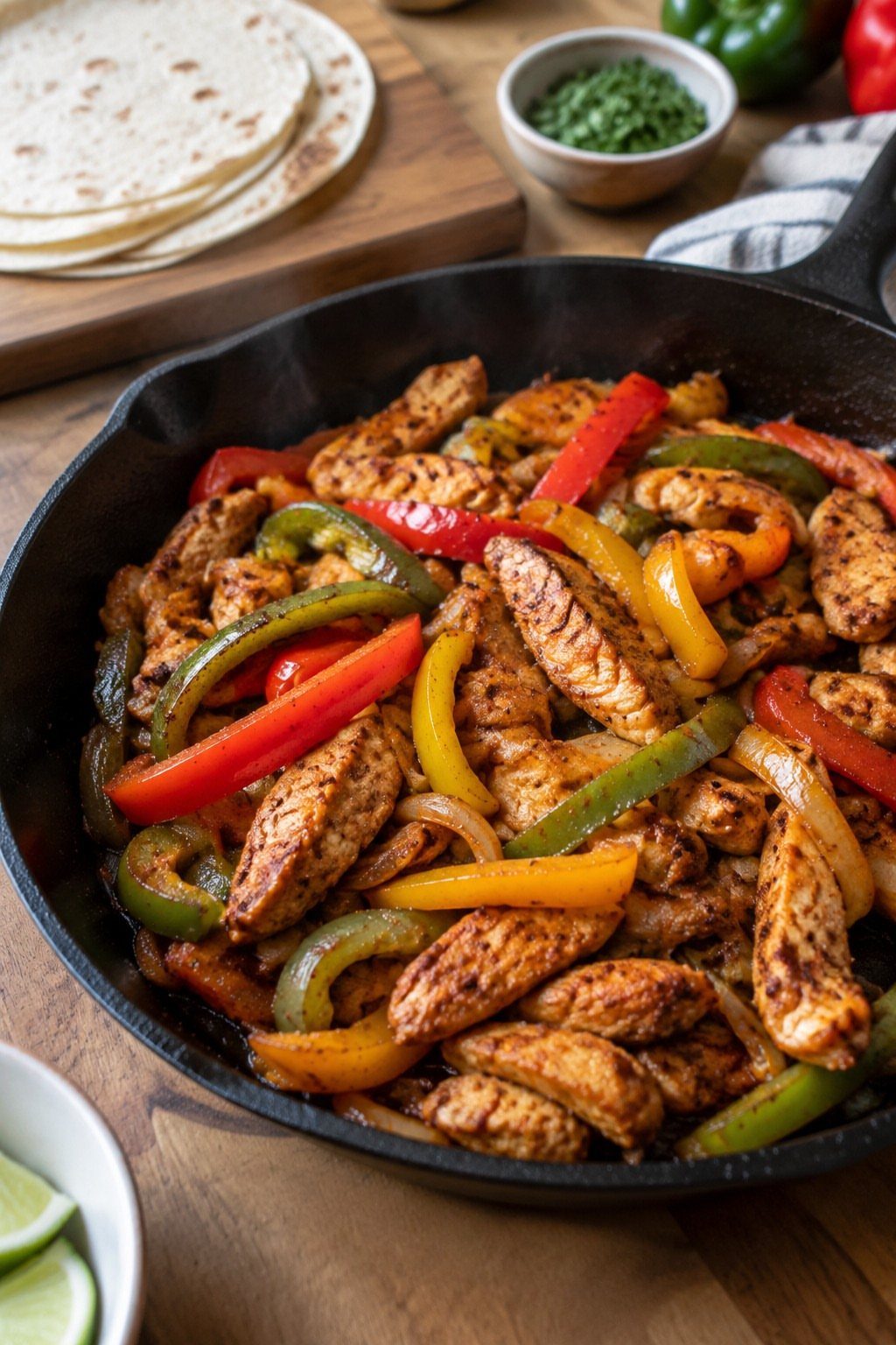 Chicken fajitas with colorful bell peppers and onions in a cast iron skillet.