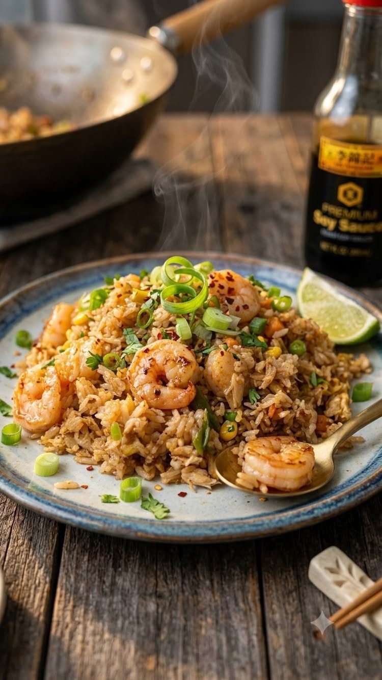 Shrimp fried rice with green onions and lime on a rustic wooden table