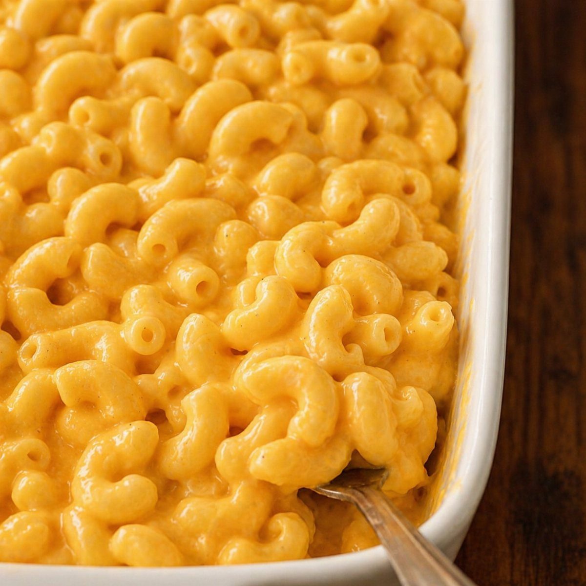 Creamy macaroni and cheese in a white baking dish with a silver spoon.