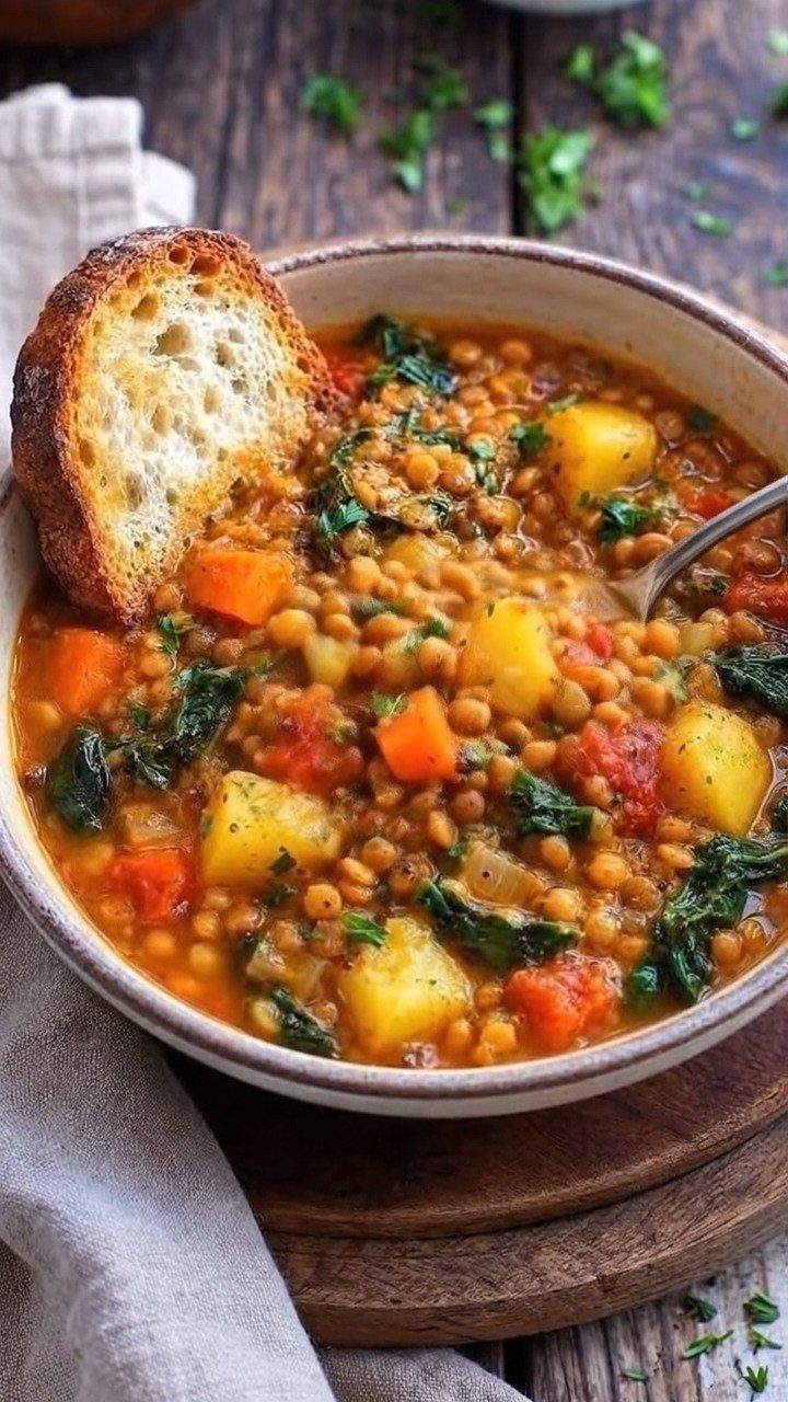 Lentil stew with carrots and potatoes served with a slice of toasted bread.