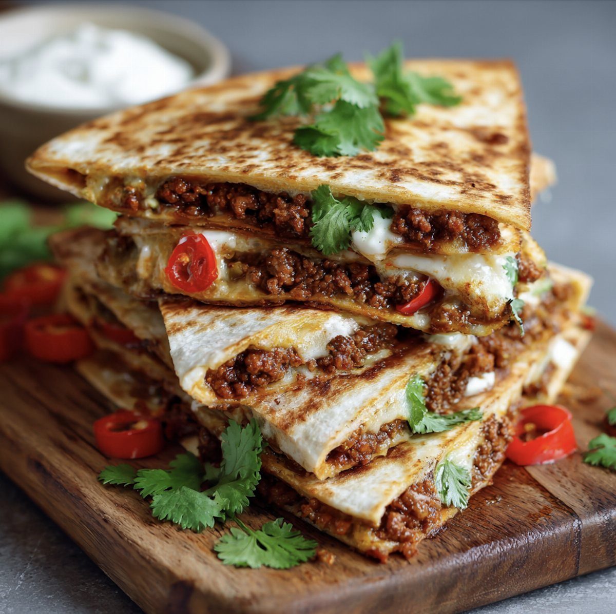 Stacked toasted quesadillas with meat and cheese, garnished with cilantro and red chilies.