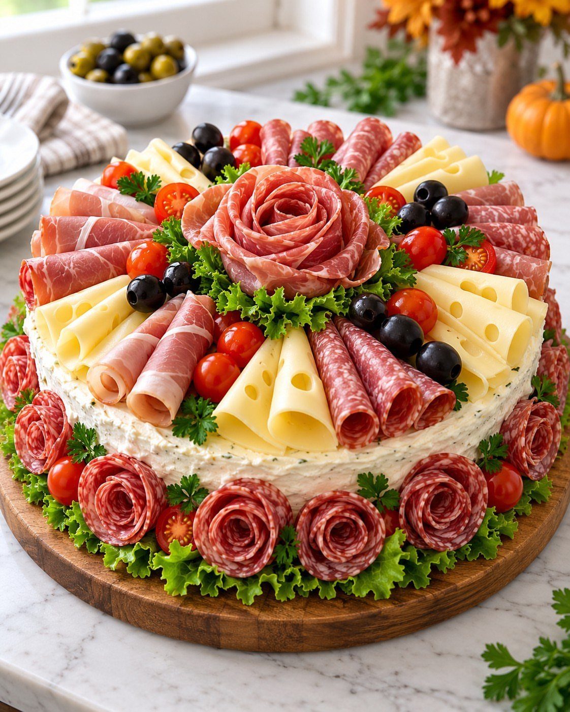 Charcuterie platter with salami roses, cheese, and olives on a wooden board.