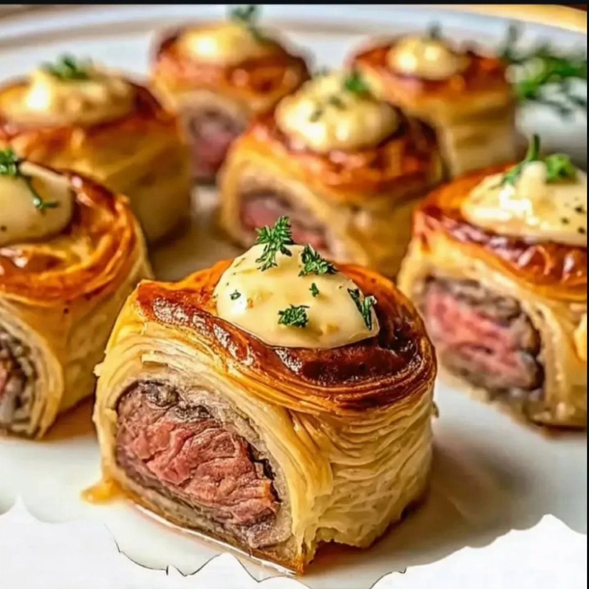 Mini beef Wellington bites with creamy sauce and parsley on a white plate.