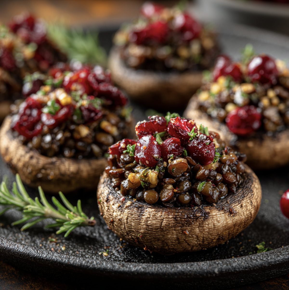 Stuffed mushroom caps filled with lentils and topped with red cranberries on a plate.