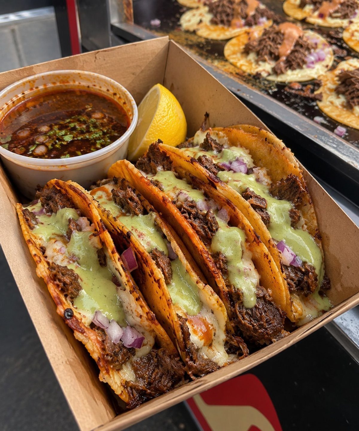 Beef tacos with green sauce and cheese in a cardboard takeout box.