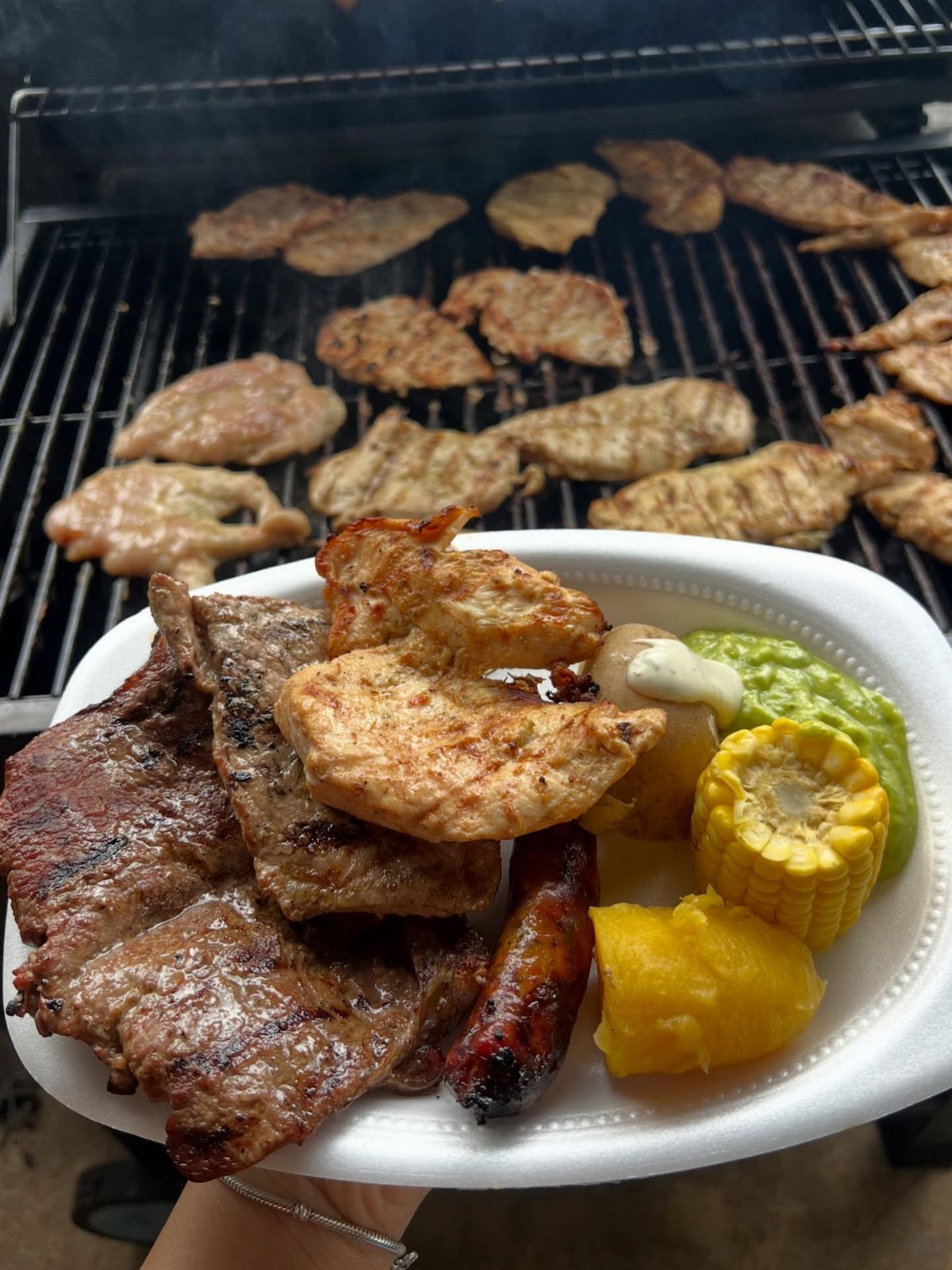 Grilled steak, chicken, sausage, and corn on a plate before a barbecue grill.