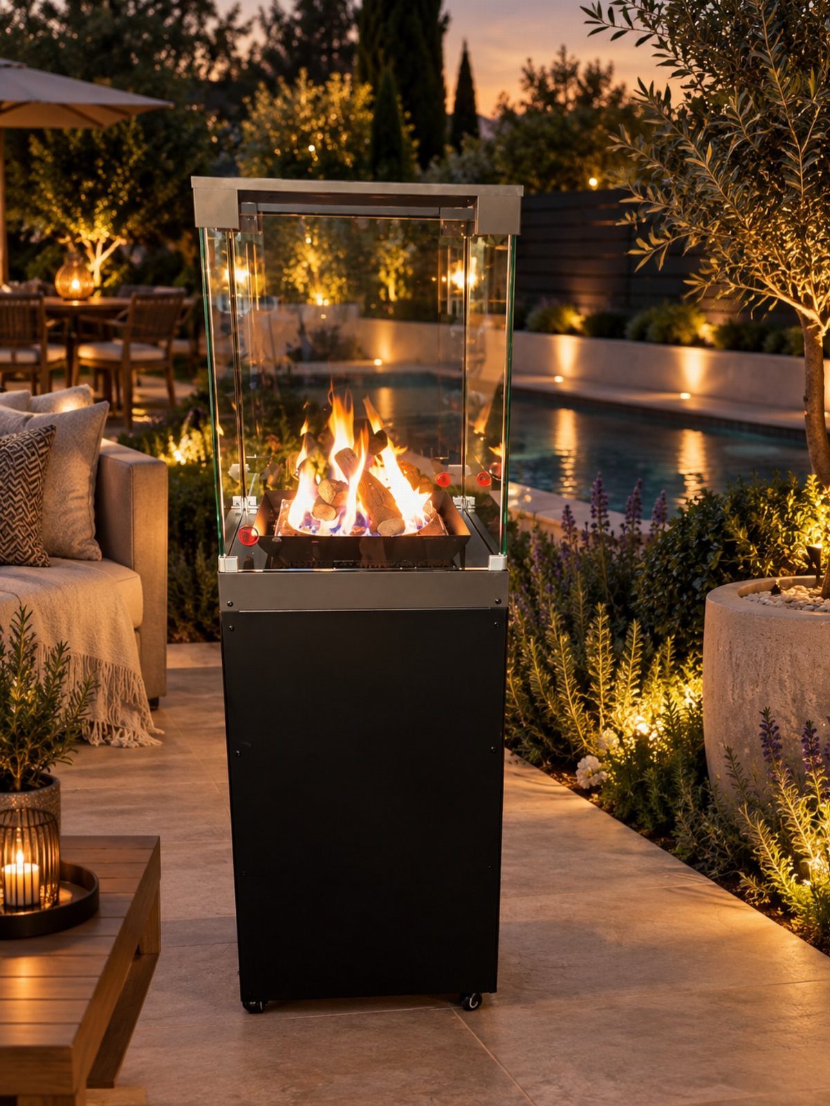Modern black outdoor patio heater with glass walls and burning fire by a pool
