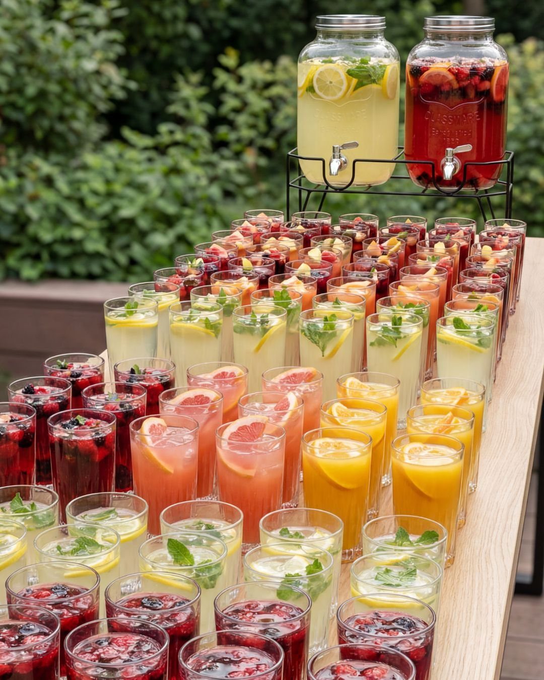 Colorful fruit-infused drinks and beverage dispensers on a wooden table outdoors.