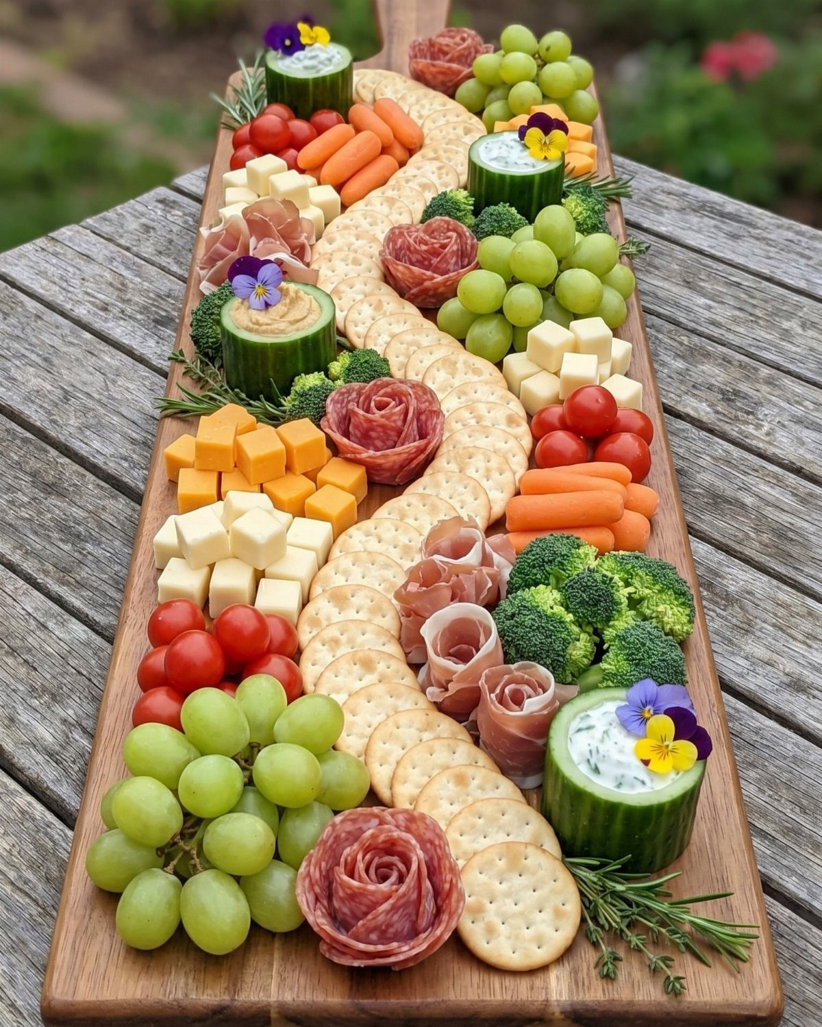 Charcuterie board with crackers, cheeses, grapes, vegetables, and salami on a wooden table.