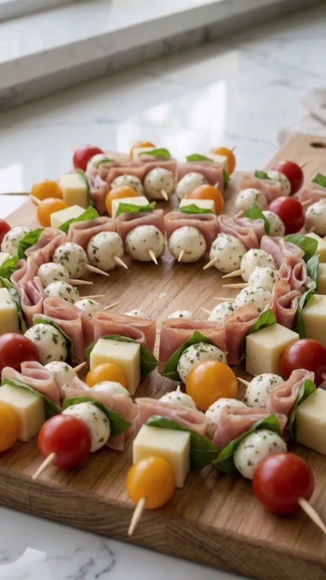 Appetizer skewers with tomatoes, mozzarella, ham, and cheese on a wooden board.