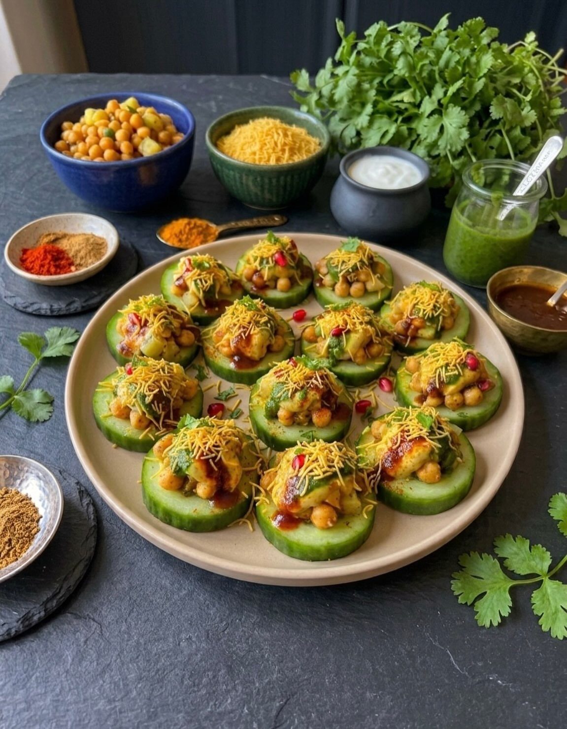 Cucumber slices topped with chickpeas, sev, and pomegranate seeds on a beige plate.