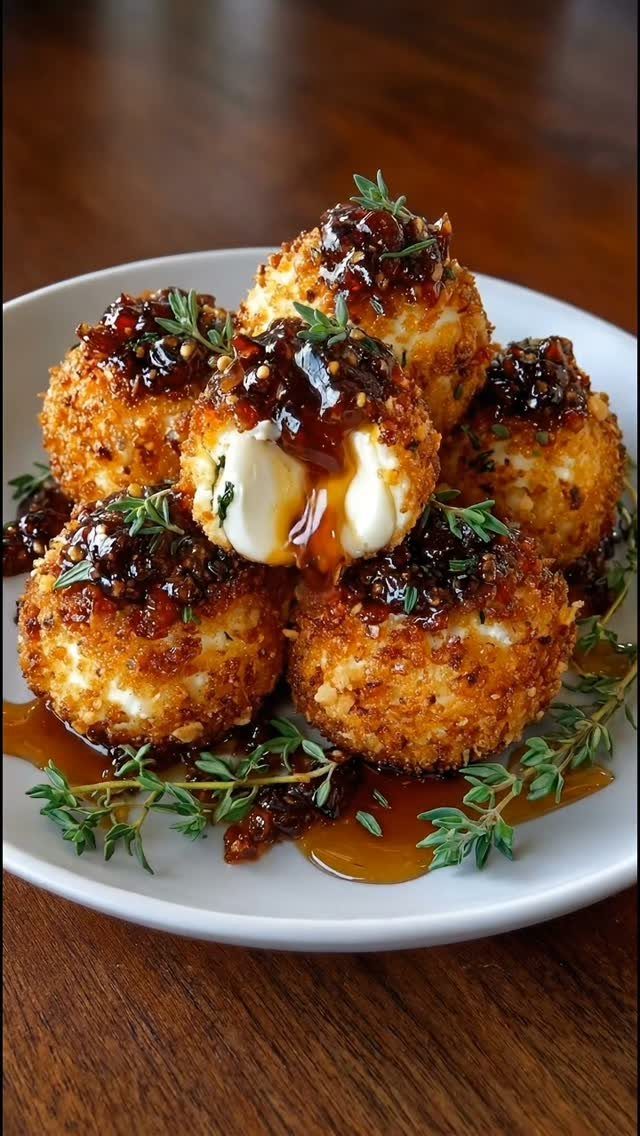 Fried goat cheese bites topped with jam and thyme on a white plate.