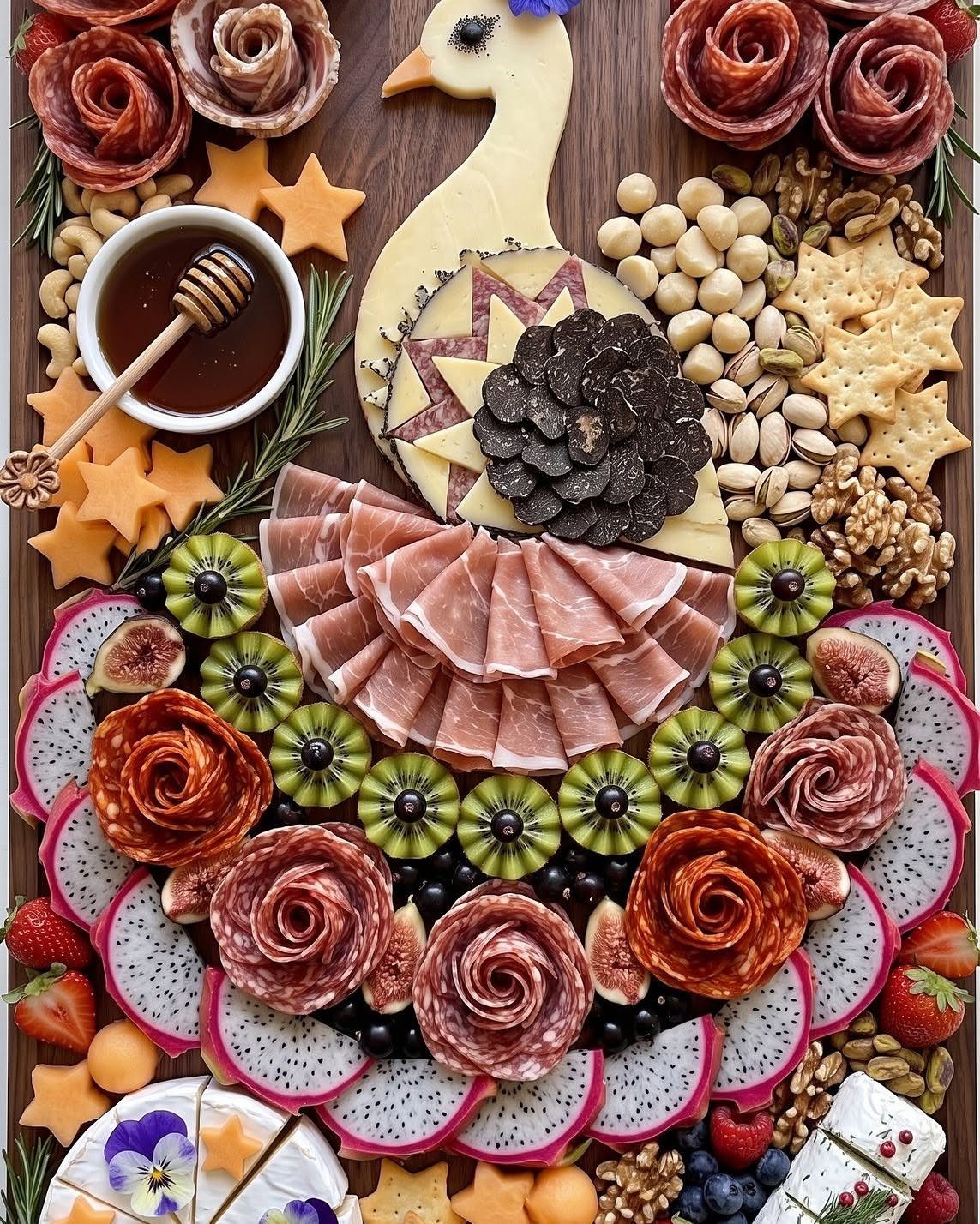 Turkey-shaped charcuterie board with cheese, cured meats, fresh fruits, and star-shaped crackers.