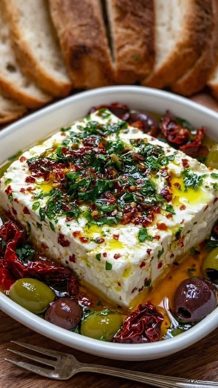 Marinated feta cheese with herbs, olives, and sun-dried tomatoes served with toasted bread.
