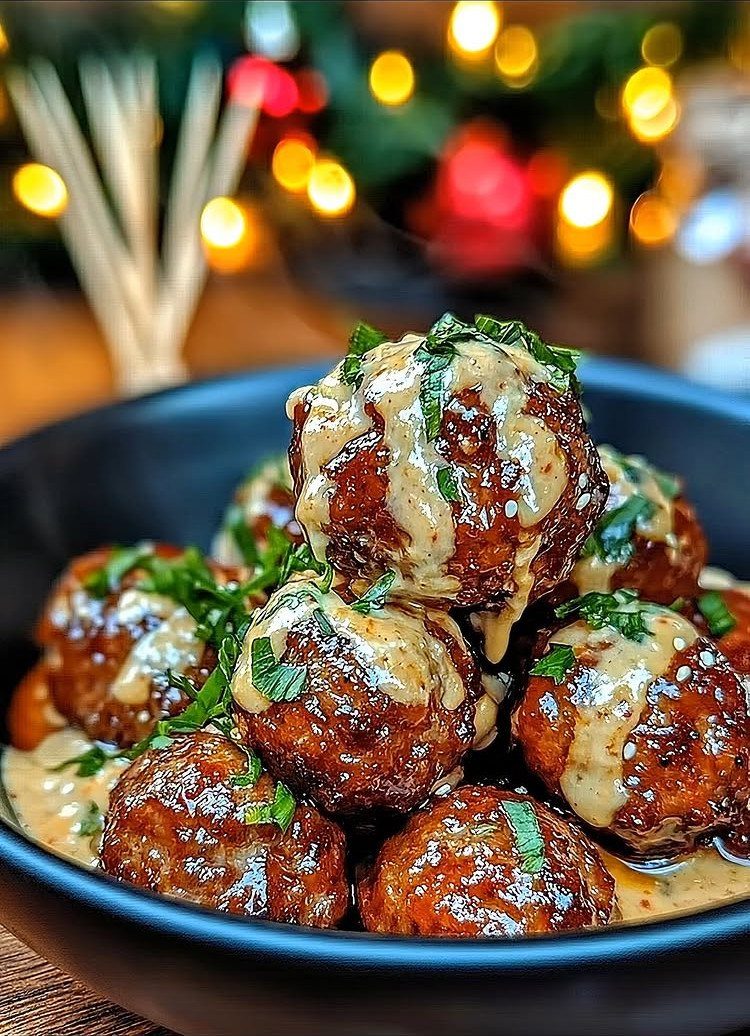 Glazed meatballs in a black bowl topped with creamy sauce and fresh herbs.