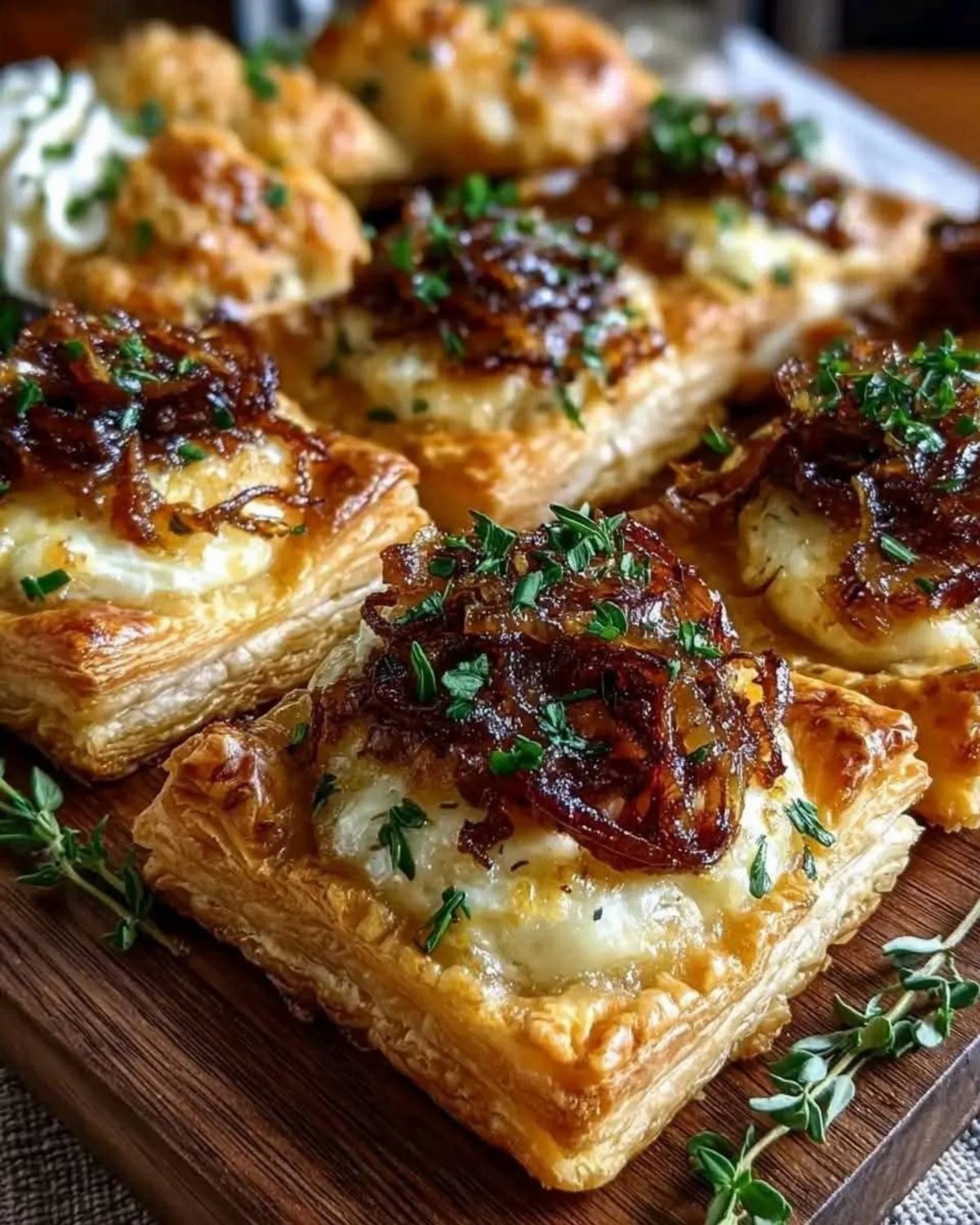 Puff pastry appetizers topped with melted cheese, caramelized onions, and fresh green herbs.