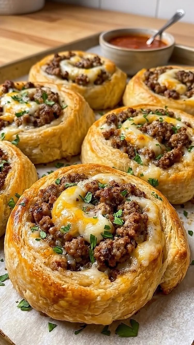 Puff pastry cups filled with sausage and melted cheese garnished with fresh parsley.