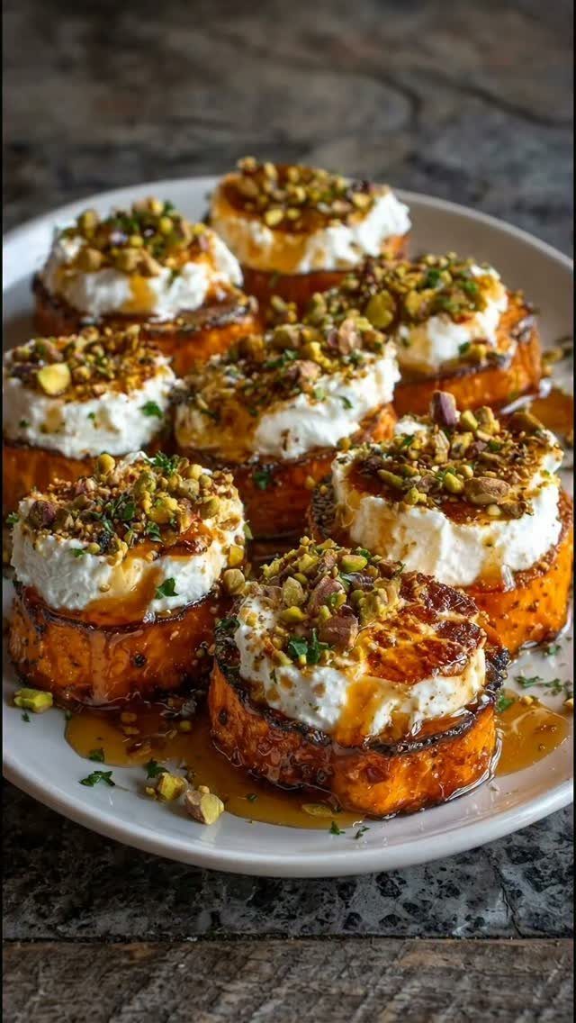 Roasted sweet potato rounds topped with white cheese, honey, and crushed pistachios.