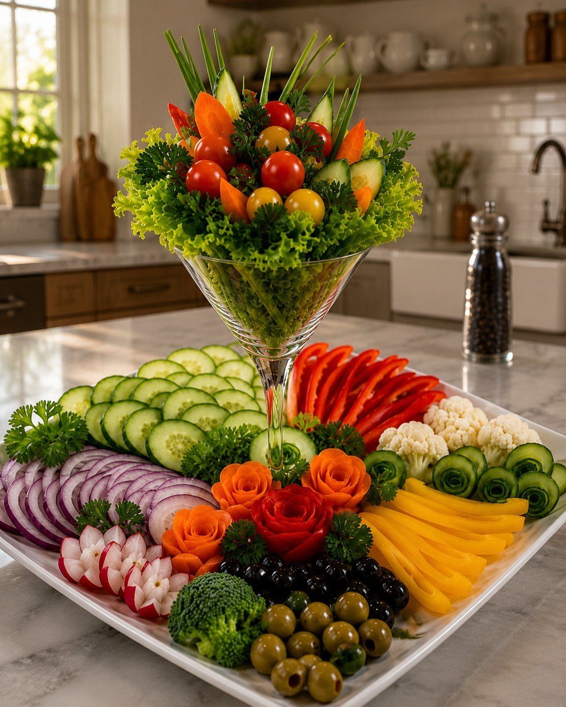 Vegetable platter with sliced peppers, cucumbers, and onions topped with a vegetable martini glass.