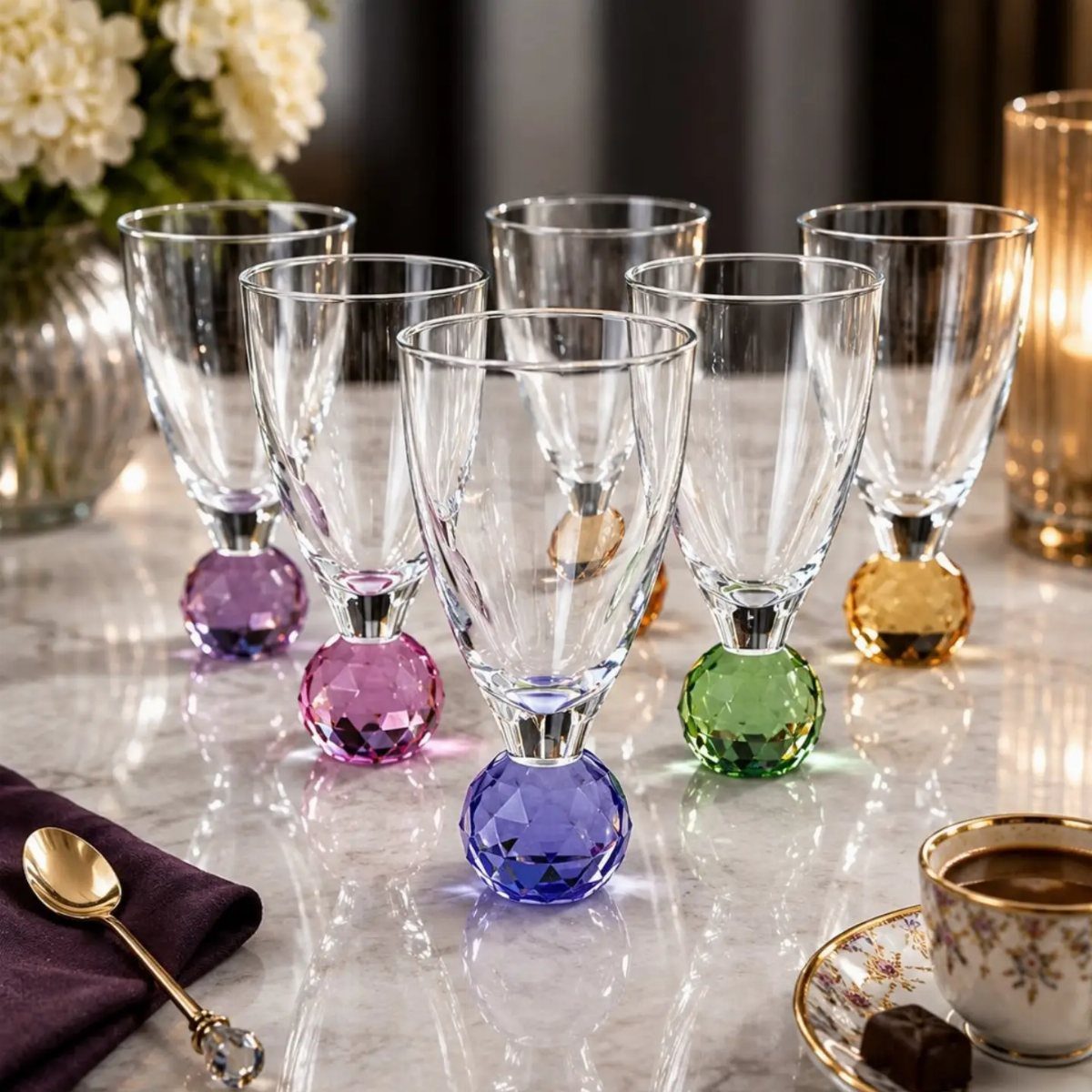 Clear glass goblets with colorful faceted bases on a white marble table.