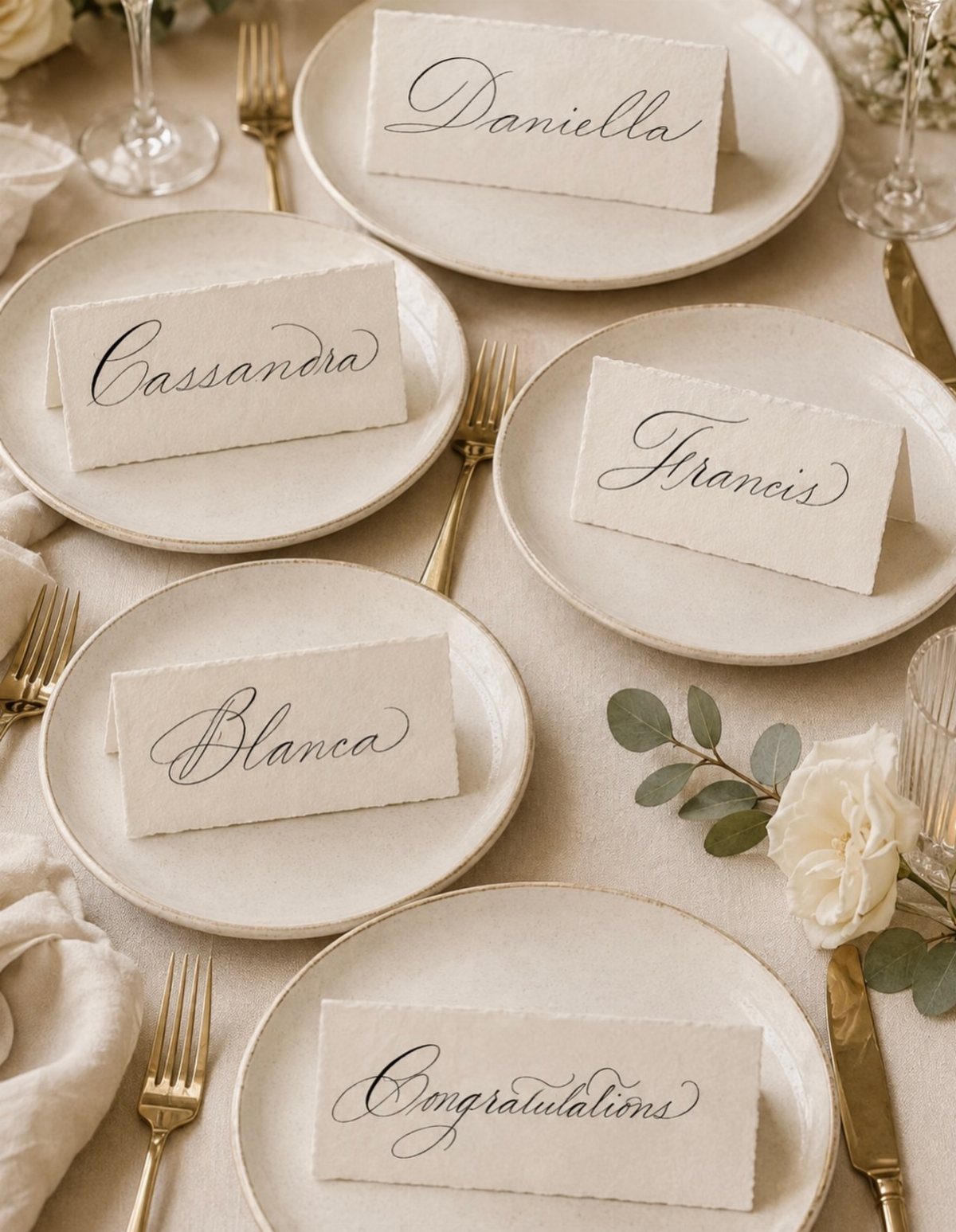 White plates with gold cutlery and calligraphed name cards on a beige tablecloth.
