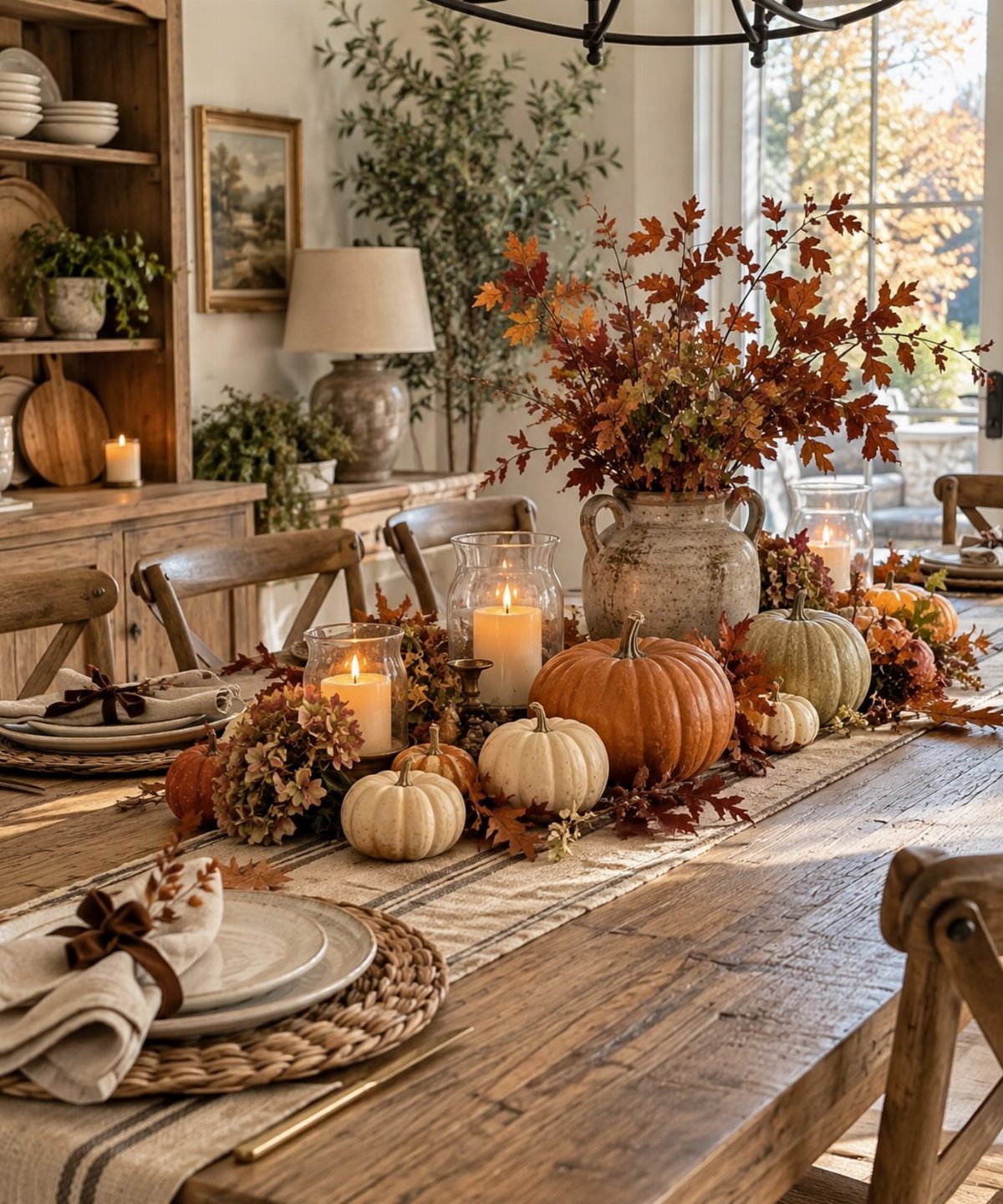 Autumn table setting with orange pumpkins, fall foliage, and lit candles on wood.