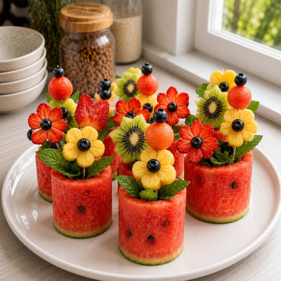 Watermelon cylinder vases holding colorful fruit skewers shaped like flowers on a white plate.