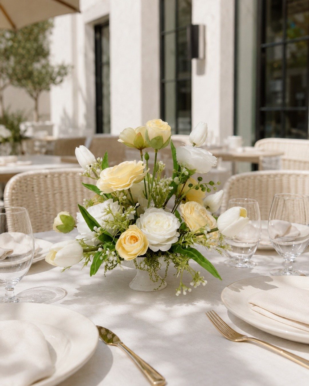 Floral centerpiece with yellow and white roses on a white dining table.