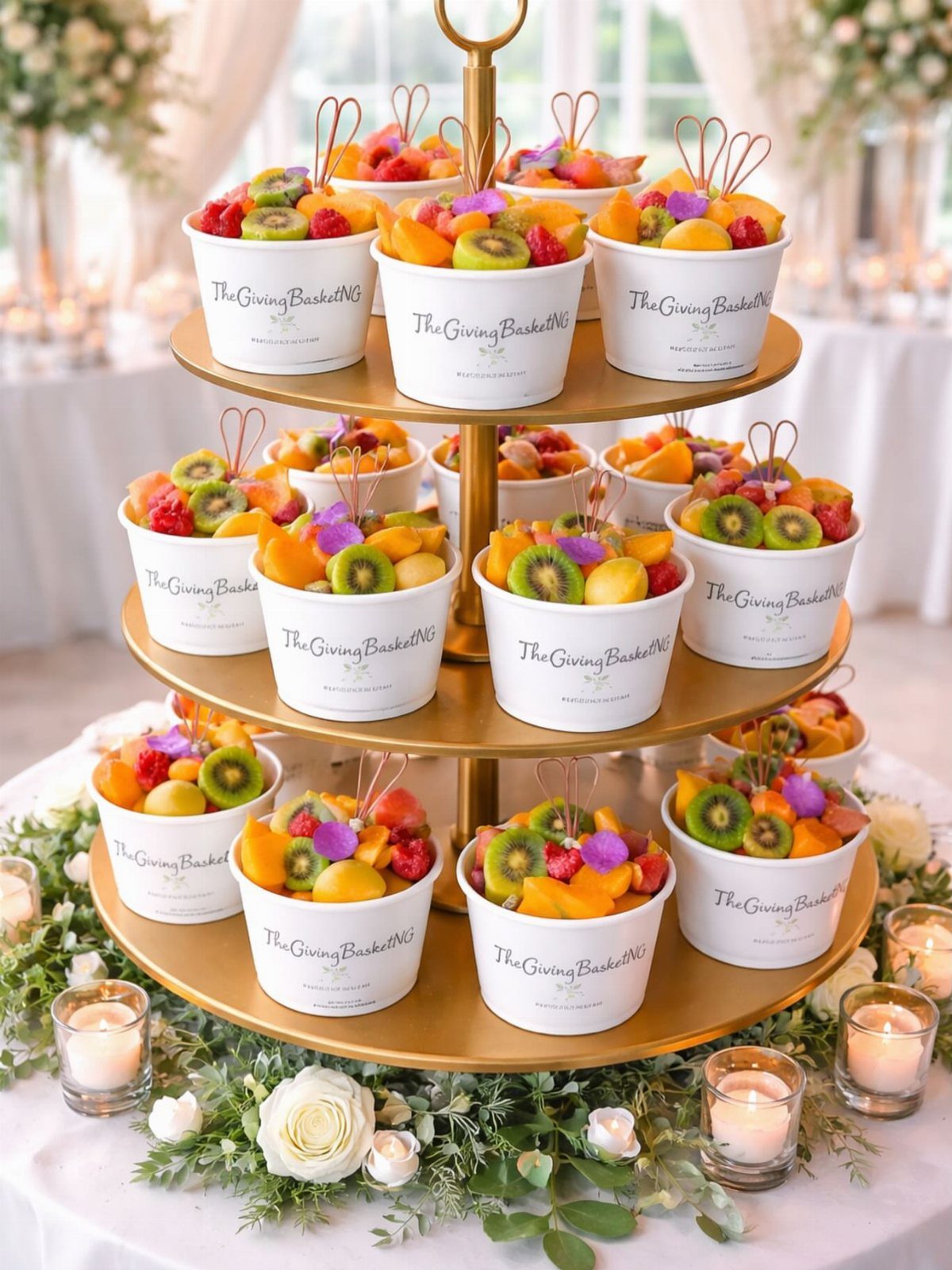 Three-tiered gold stand with fruit bowls surrounded by white roses and tea lights.