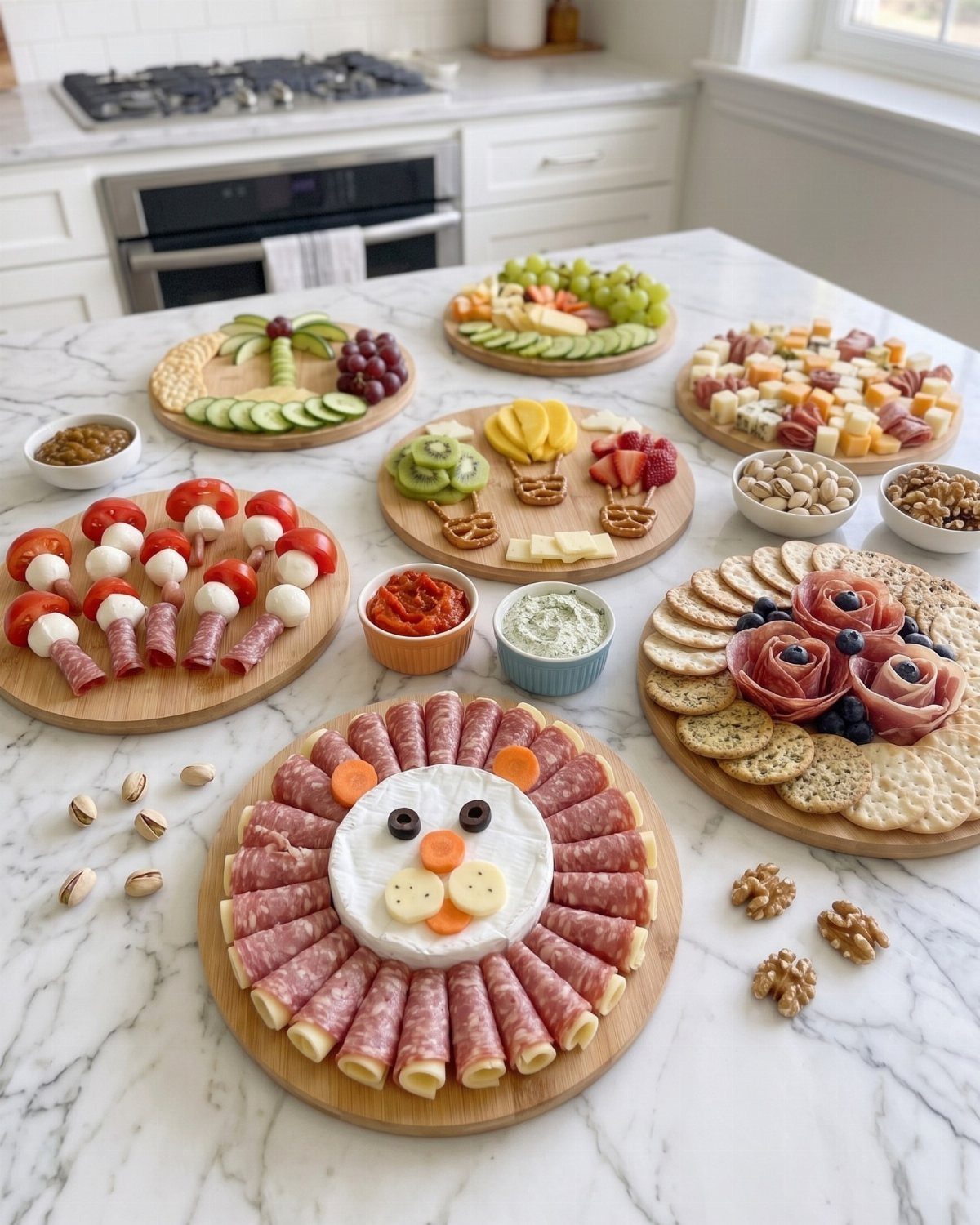 Assorted party platters with salami lion, meat roses, and fruit on marble counter
