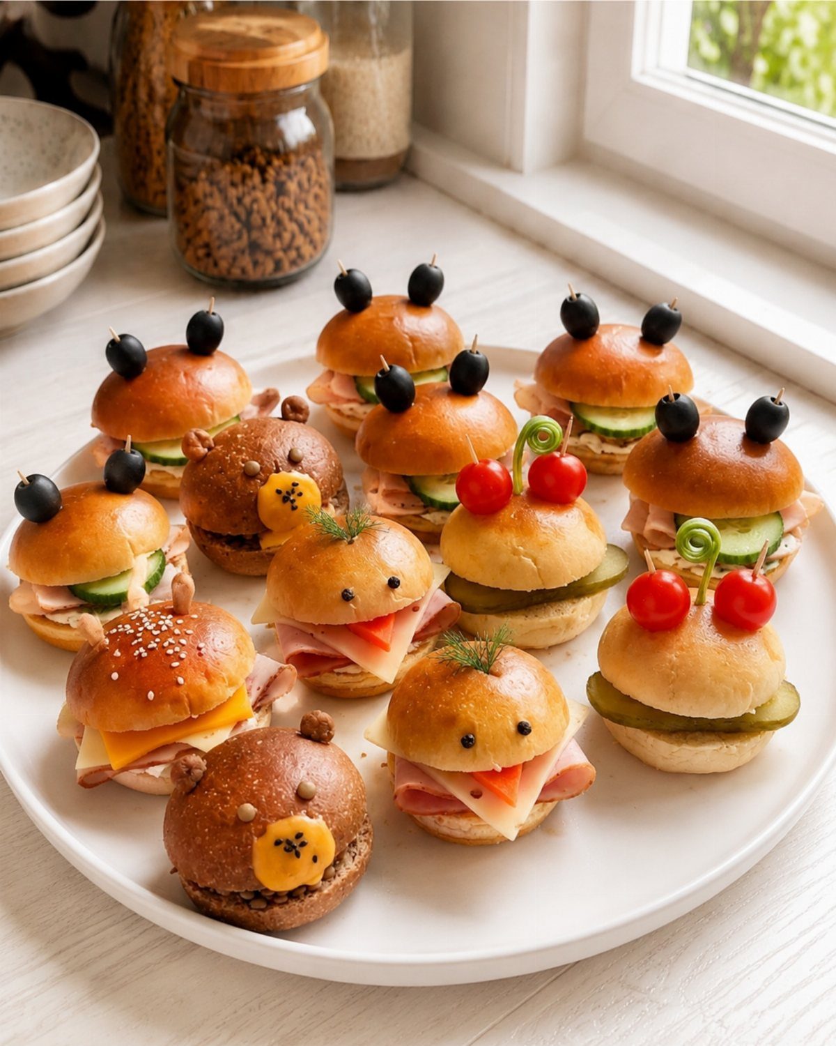 Mini sliders decorated as cute animals on a white plate on a wooden table.