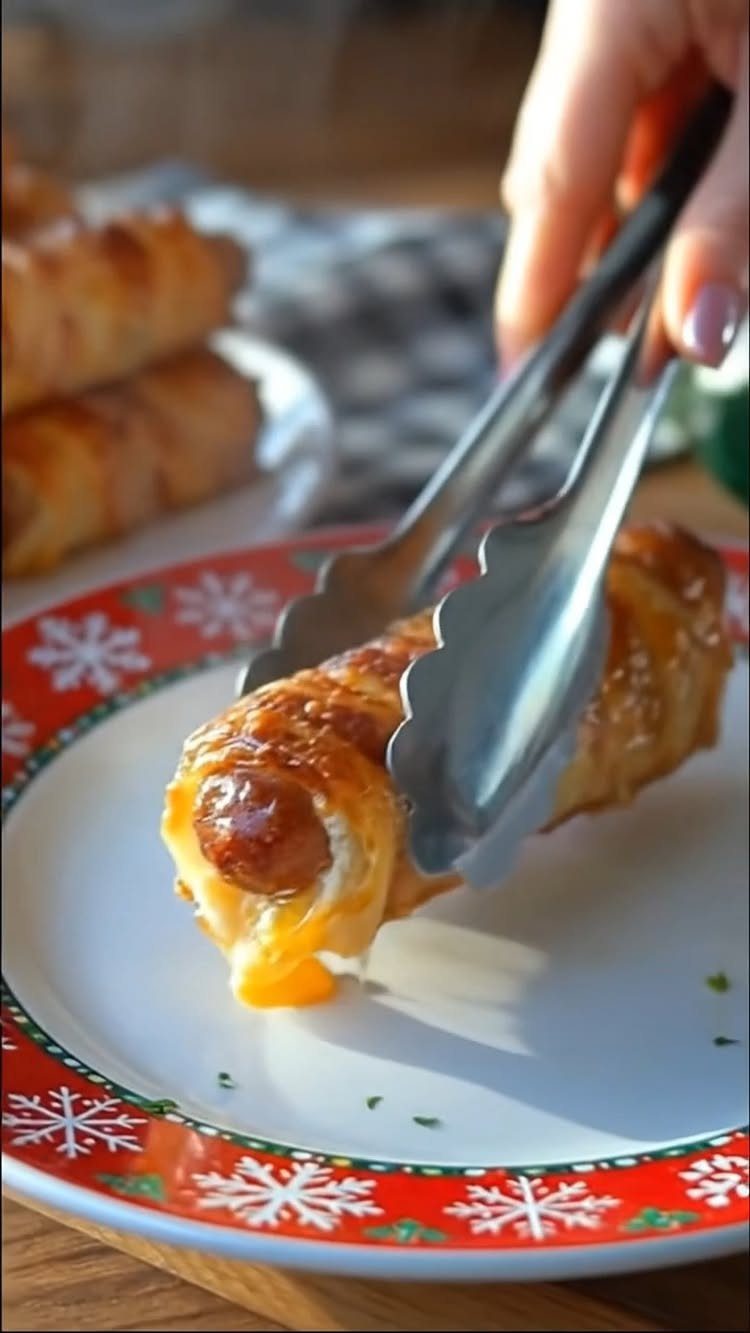 Mini sausages wrapped in golden pastry being lifted by metal tongs from a plate.