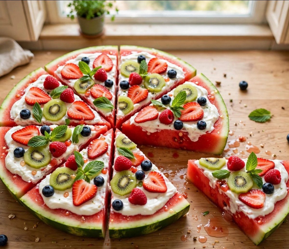 Watermelon pizza topped with white cream, strawberries, kiwi, blueberries, and fresh mint leaves.