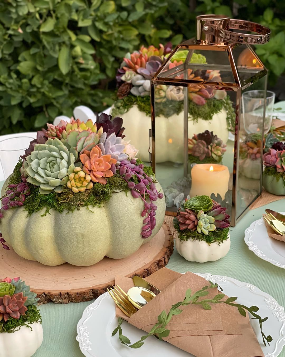 Succulent arrangements in pumpkin planters on a green table with a gold lantern.