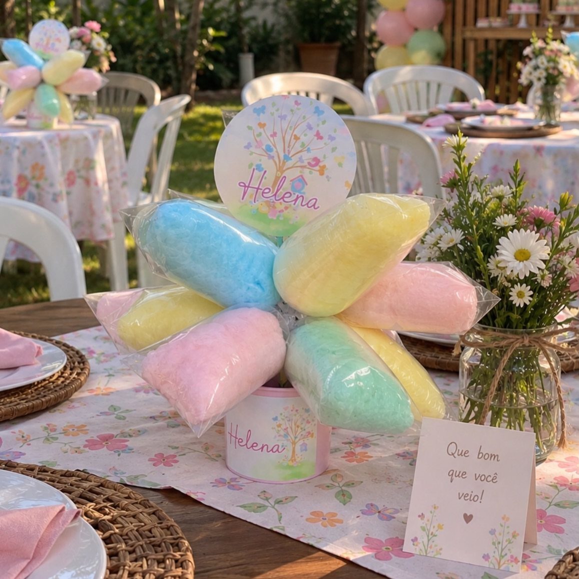 Pastel cotton candy puffs arranged as a centerpiece on a floral birthday table.