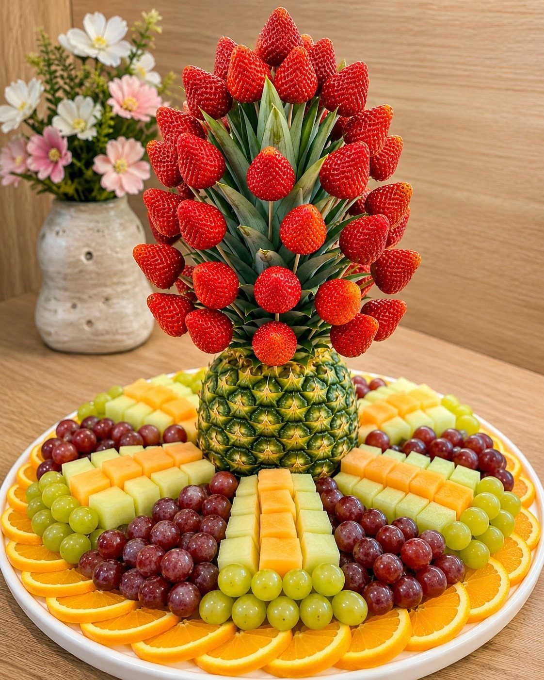 Fruit platter with a strawberry-covered pineapple centerpiece surrounded by melon, grapes, and oranges.