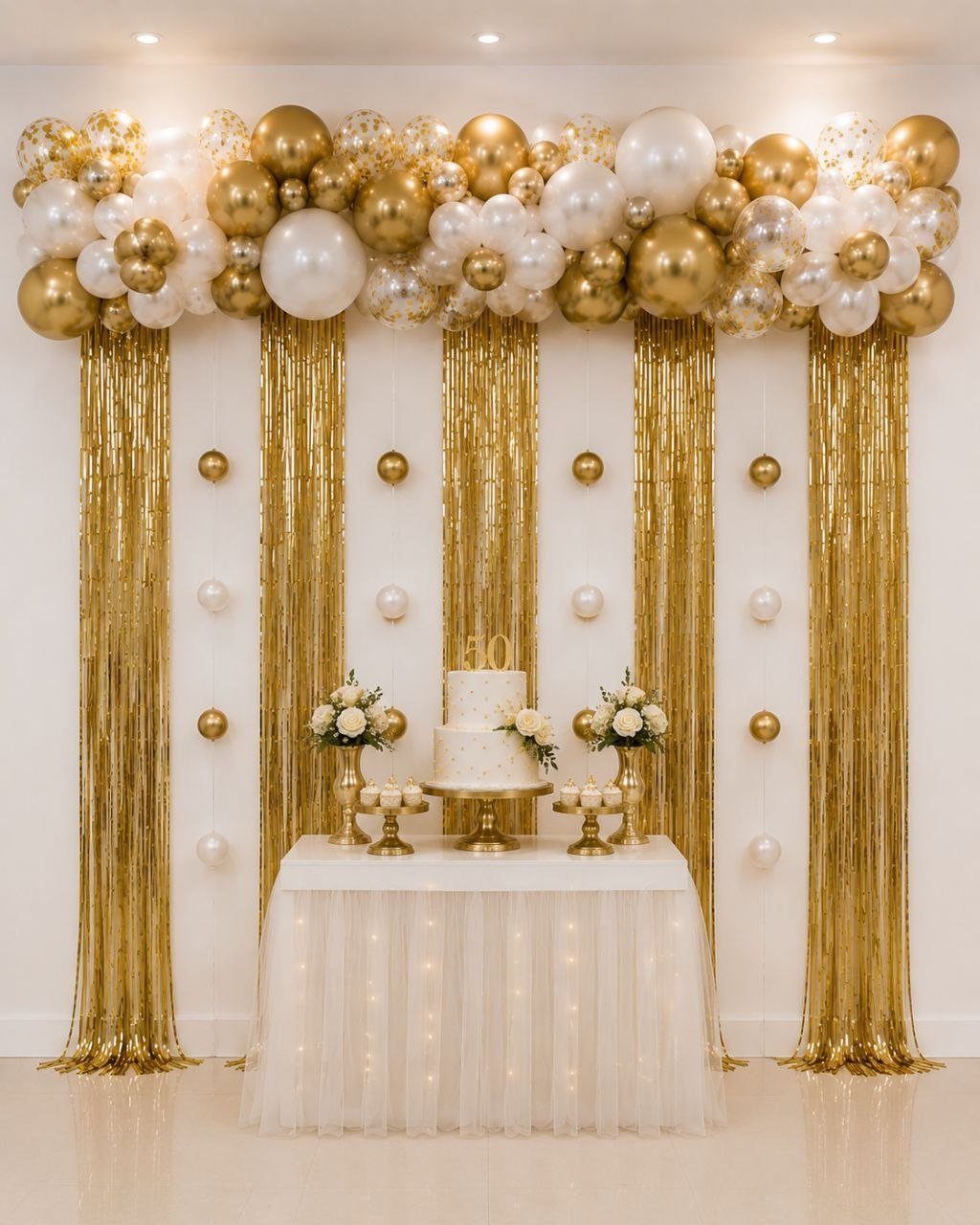 White dessert table with cake and flowers against gold fringe and balloon backdrop
