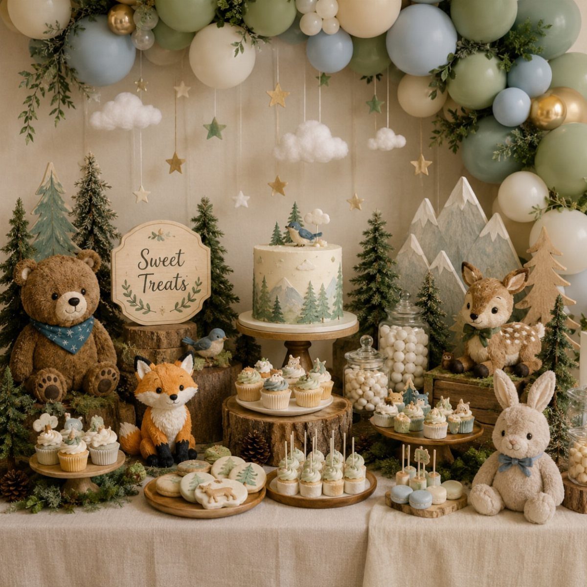 Dessert table with a cake, plush animals, and miniature pine trees under balloons.