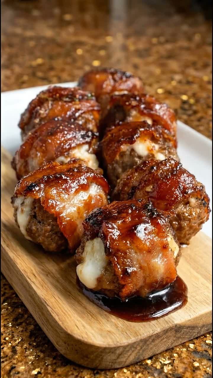 Barbecue meatballs with melted mozzarella cheese served on a wooden platter.