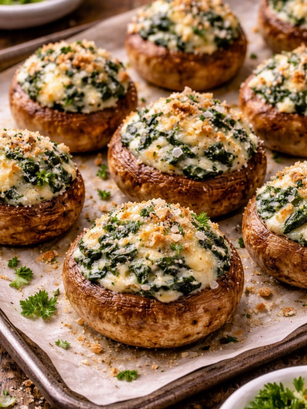 Stuffed mushrooms with creamy spinach and cheese filling on a baking sheet.