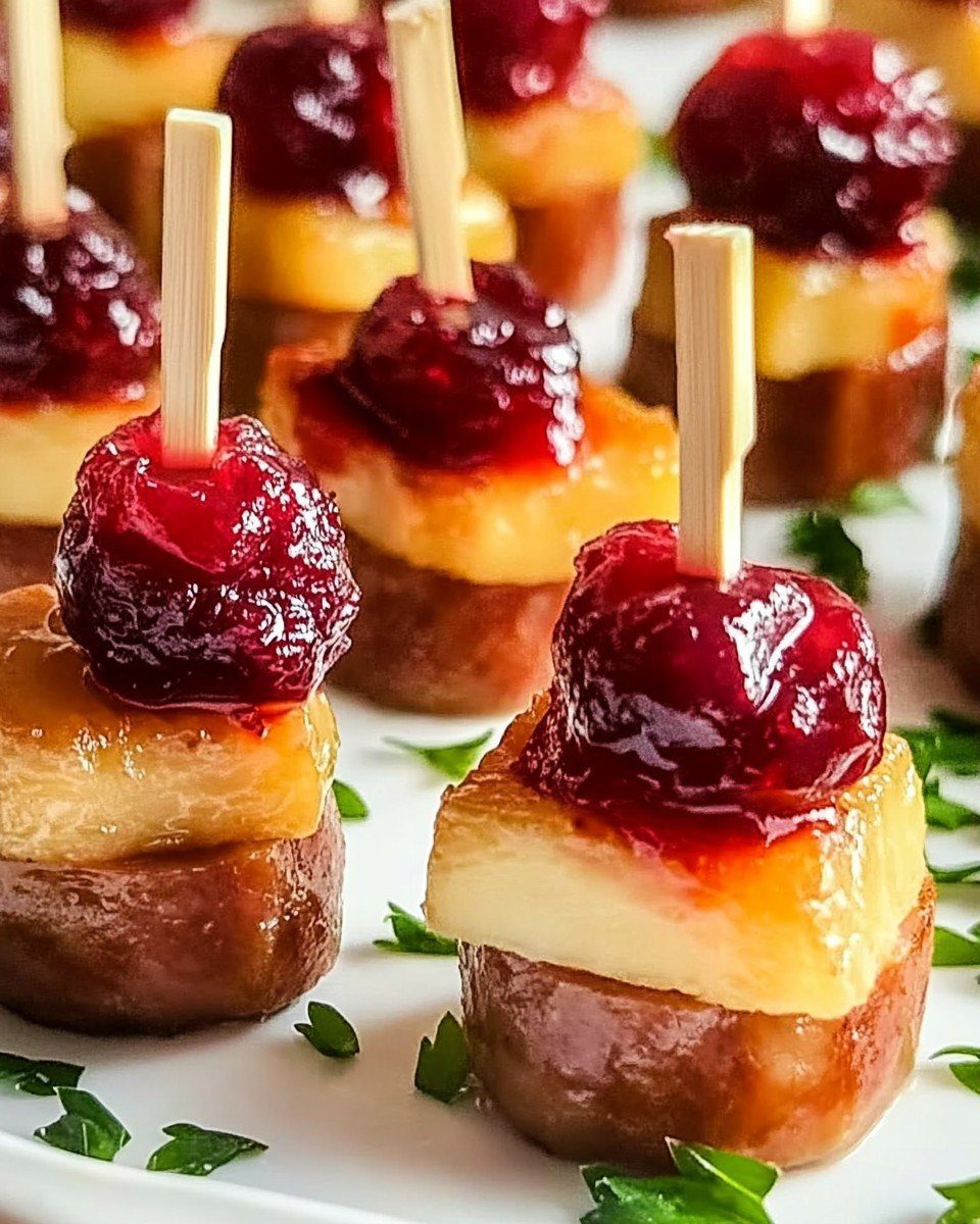 Sausage slices topped with cheddar cheese and cranberry sauce held by wooden toothpicks.