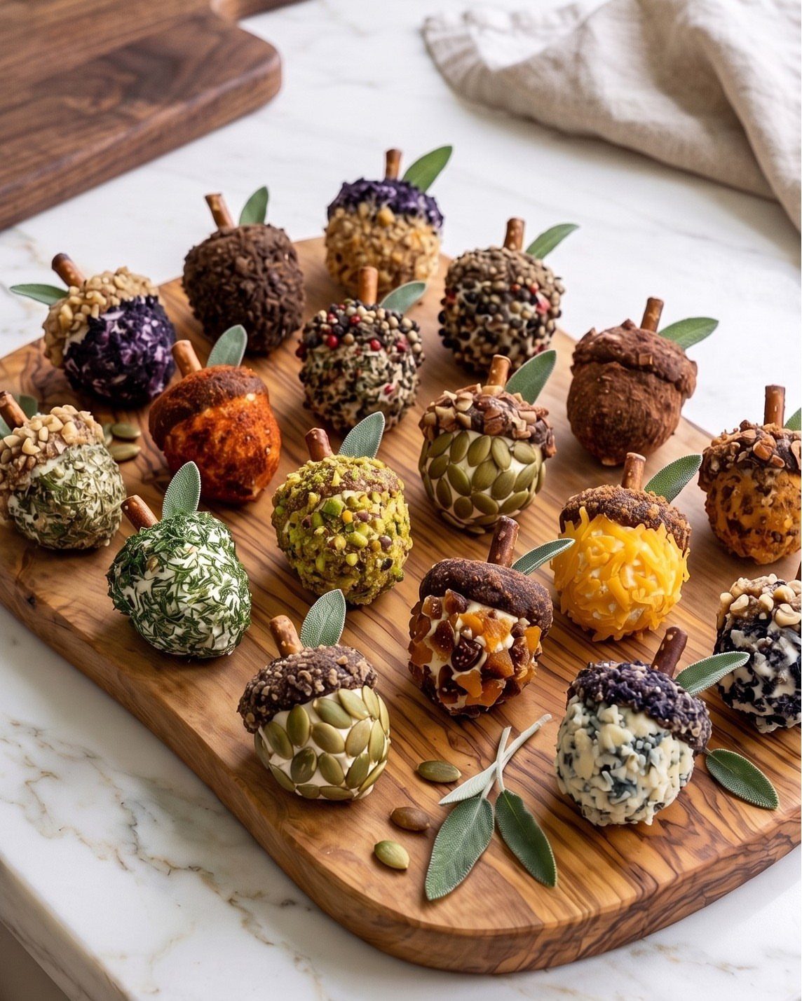 Acorn-shaped mini cheese balls coated in seeds and nuts on a wooden board