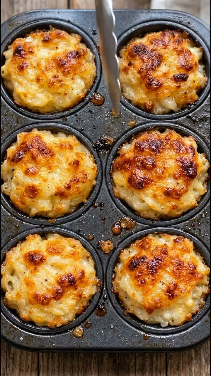 Baked macaroni and cheese portions in a dark metal muffin tin on wood.