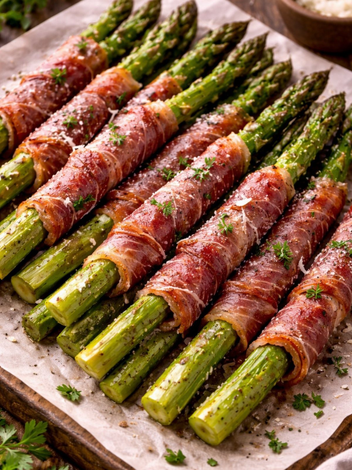 Prosciutto wrapped asparagus spears seasoned with pepper and cheese on parchment paper.