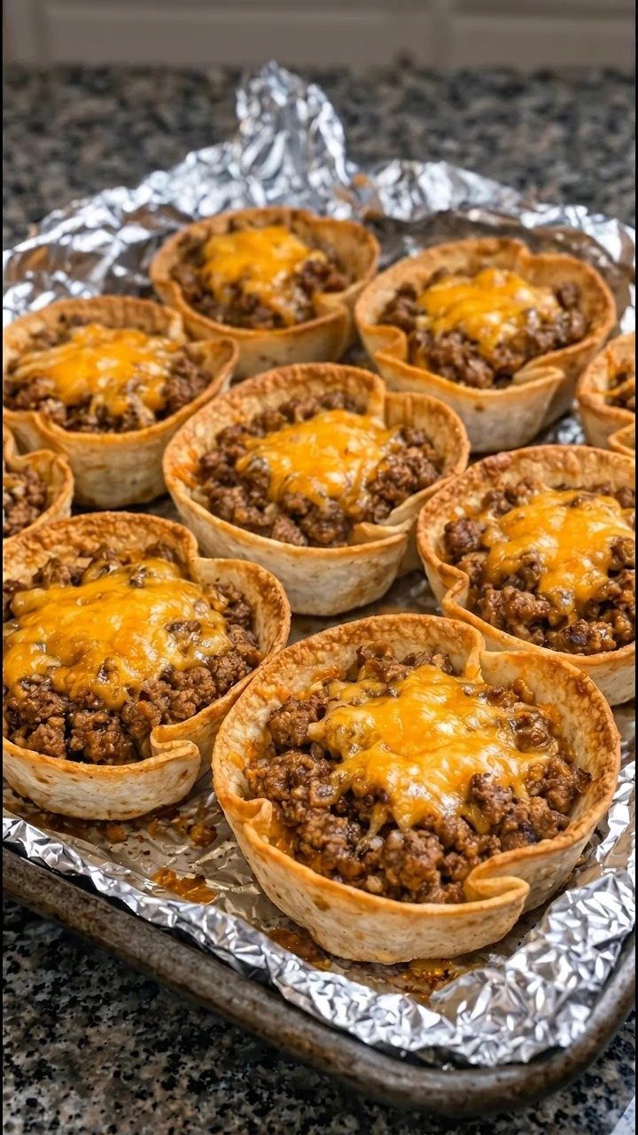Mini taco shells filled with seasoned beef and melted cheese on foil.