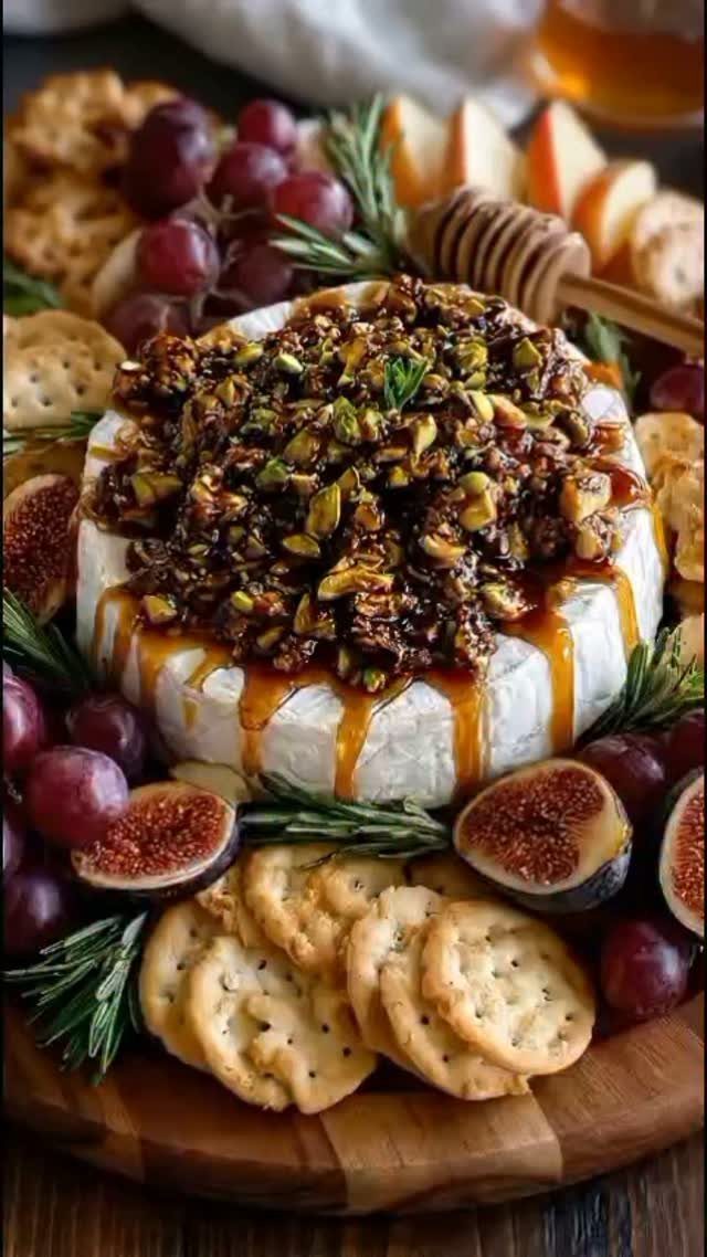 Baked Brie wheel topped with nuts and honey on a fruit and cracker platter