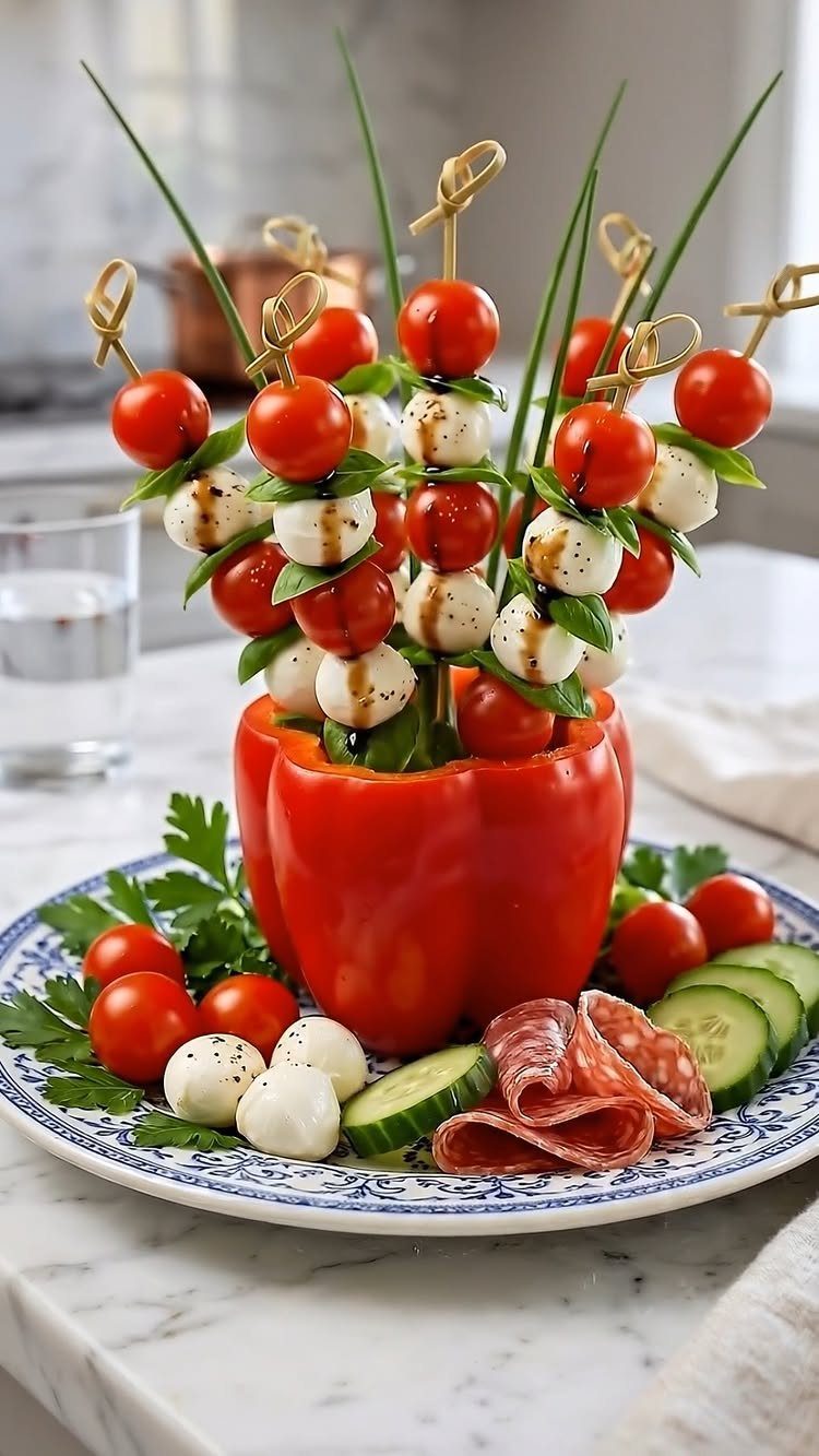Caprese skewers with tomatoes and mozzarella arranged in a red bell pepper platter.