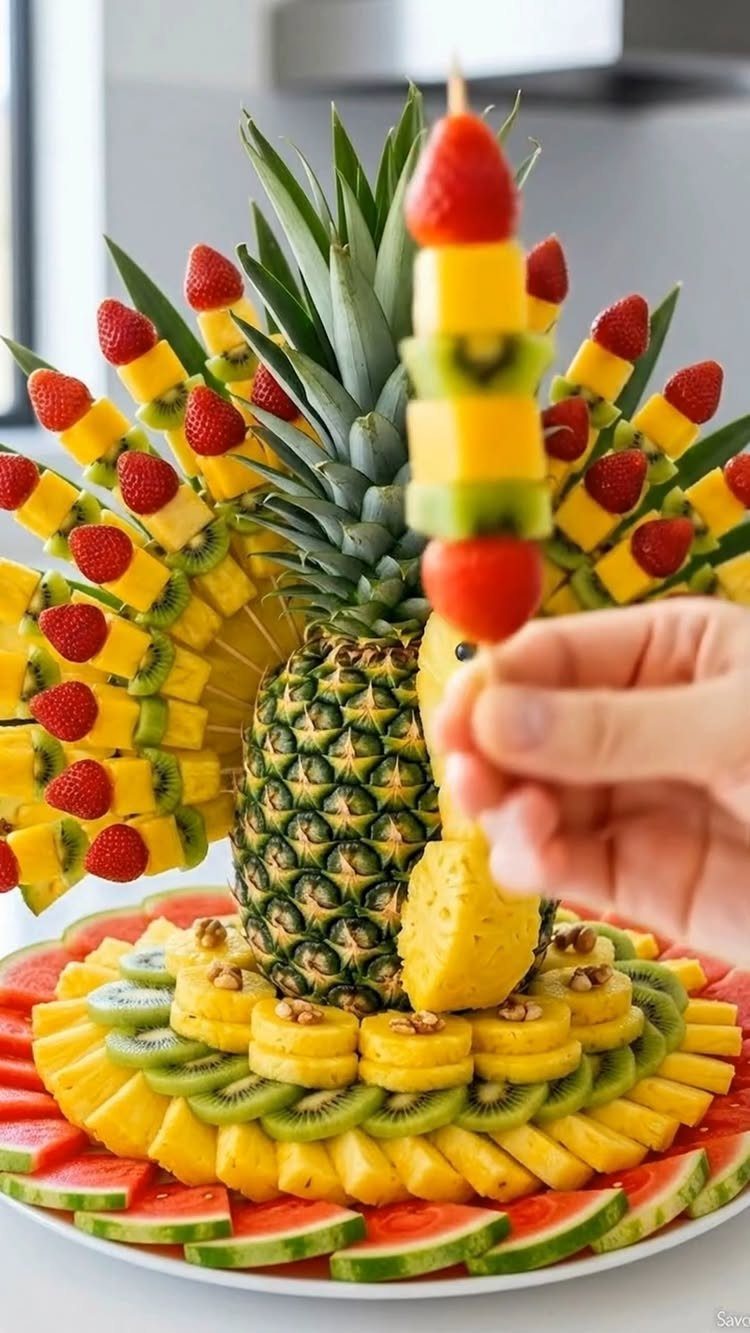 Fruit skewers and a decorative pineapple platter with strawberries, kiwi, and watermelon slices.