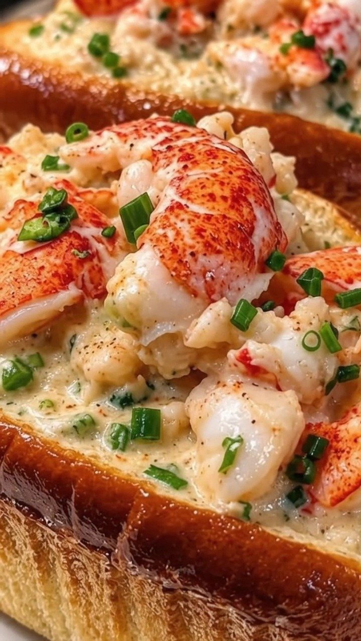 Toasted buns stuffed with creamy lobster meat and topped with fresh green chives.
