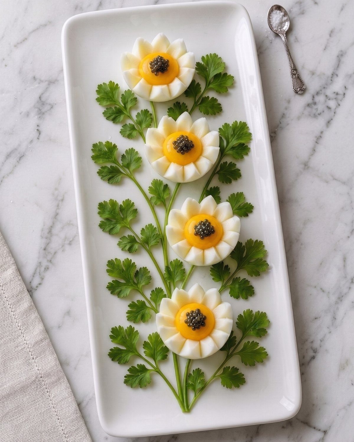 Deviled eggs shaped like daisies with caviar centers on a white platter.
